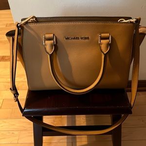 Michael Kors camel medium satchel, Saffiano leather, gold tone hardware, zipper